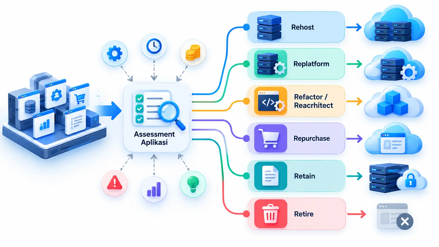 Strategi Migrasi Ke Cloud: Tahapan, Model, dan Best Practices 2 Diagram enam strategi migrasi cloud yaitu rehost, replatform, refactor, repurchase, retain, dan retire