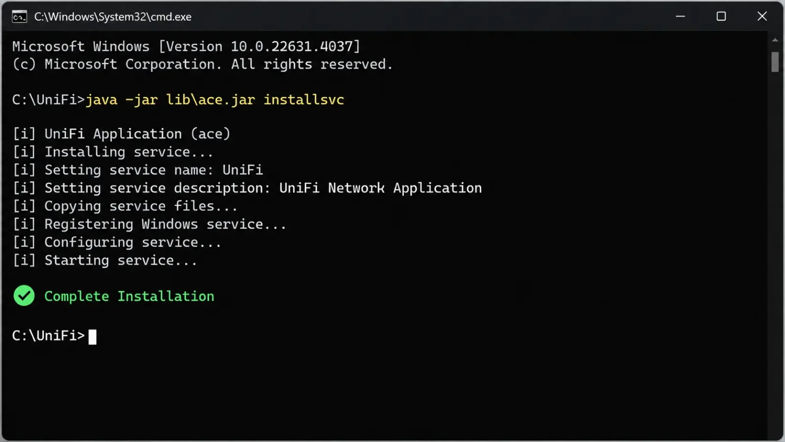 Command Prompt Windows menampilkan perintah installsvc untuk instalasi UniFi Network Server sebagai Windows Service