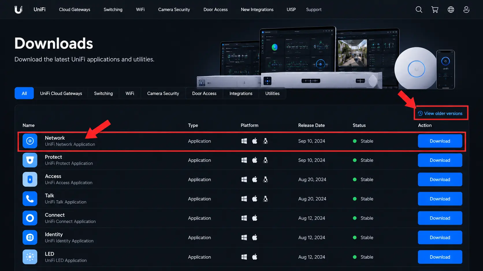 Halaman download Ubiquiti menunjukkan opsi View older versions untuk menemukan UniFi Network Server standalone
