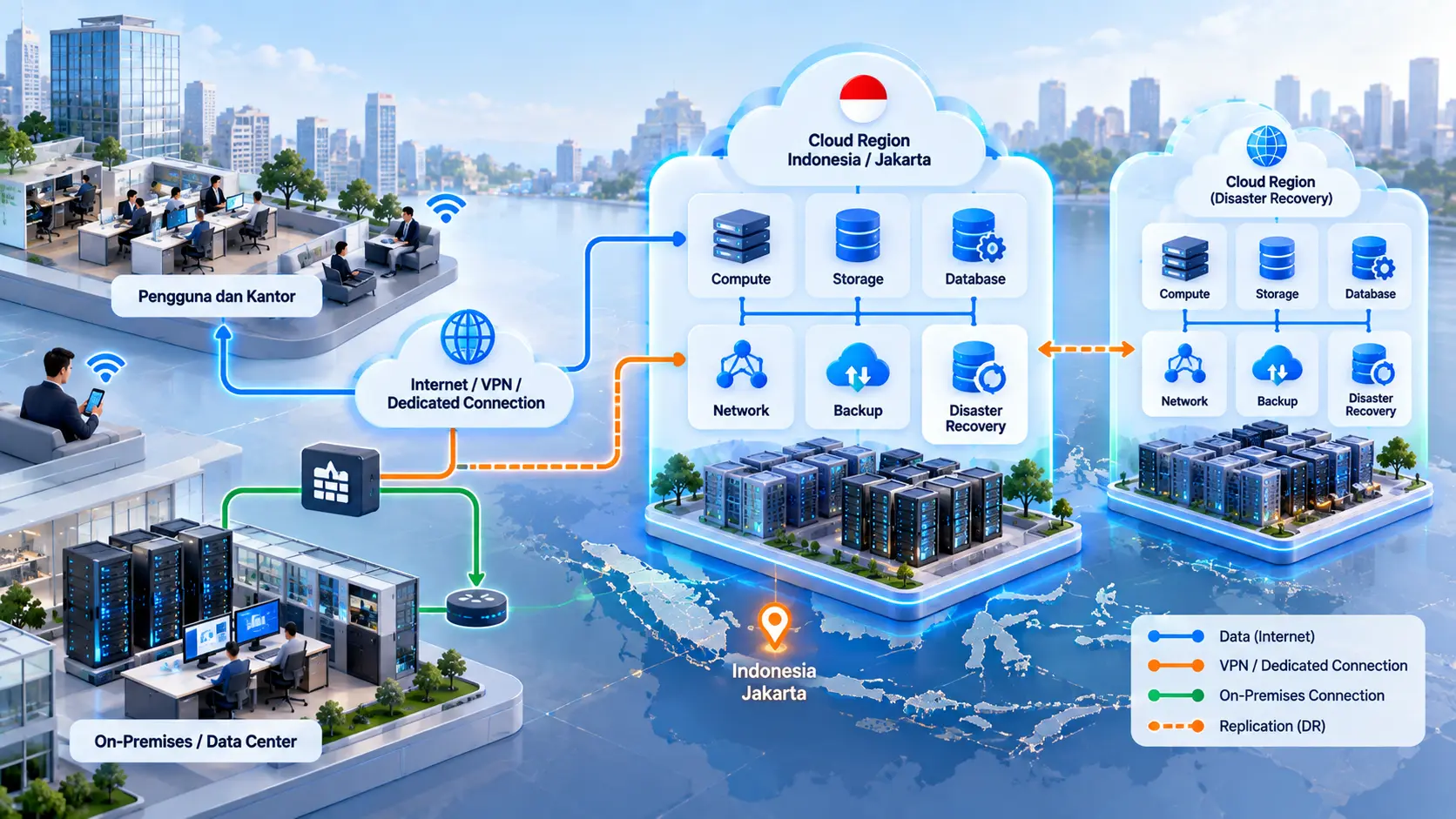 Memilih Provider Cloud Computing yang Tepat 3 Diagram arsitektur cloud provider yang menunjukkan koneksi pengguna ke region data center untuk compute storage dan disaster recovery