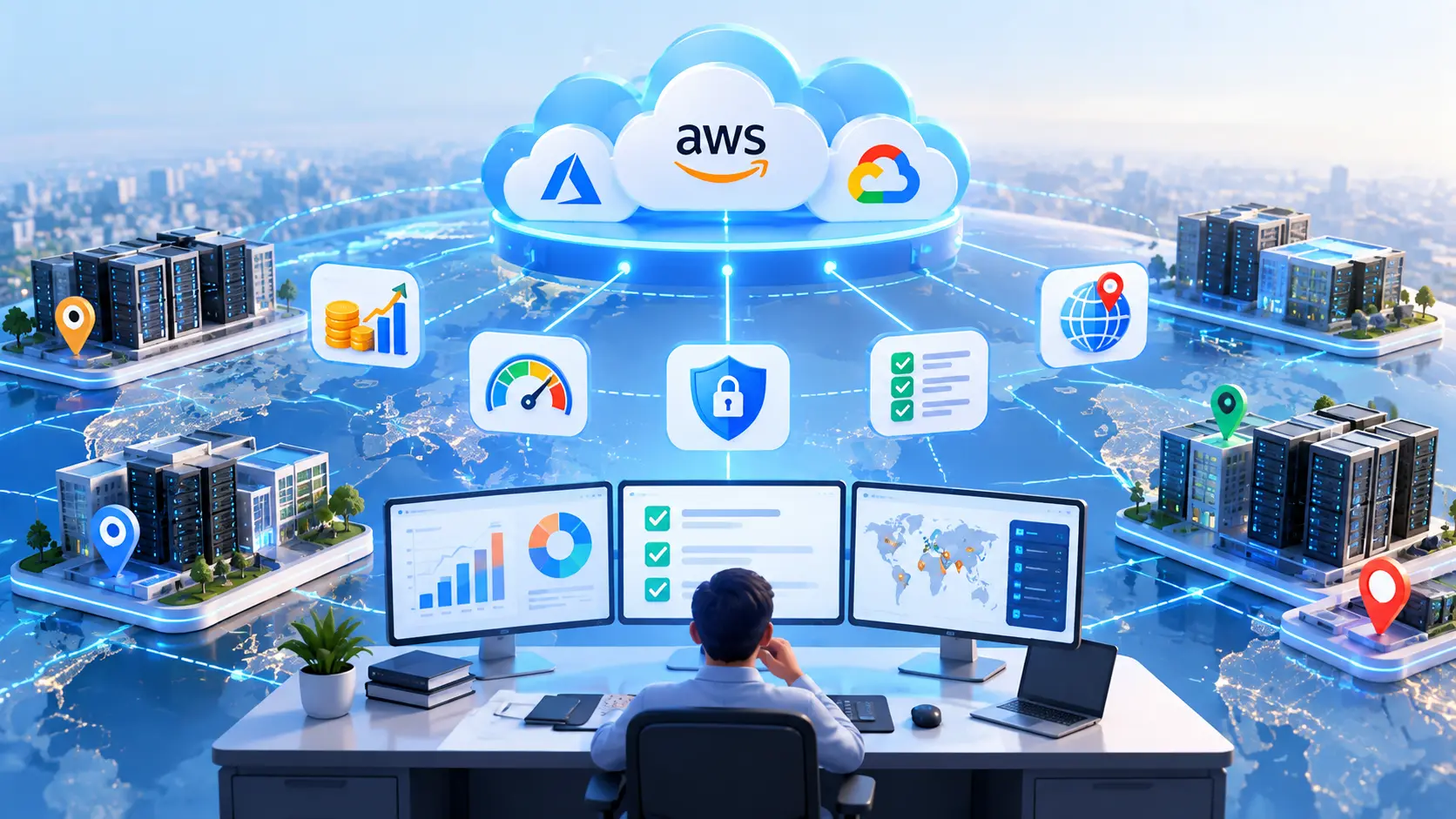 Ilustrasi memilih provider cloud computing berdasarkan performa keamanan biaya dan skalabilitas