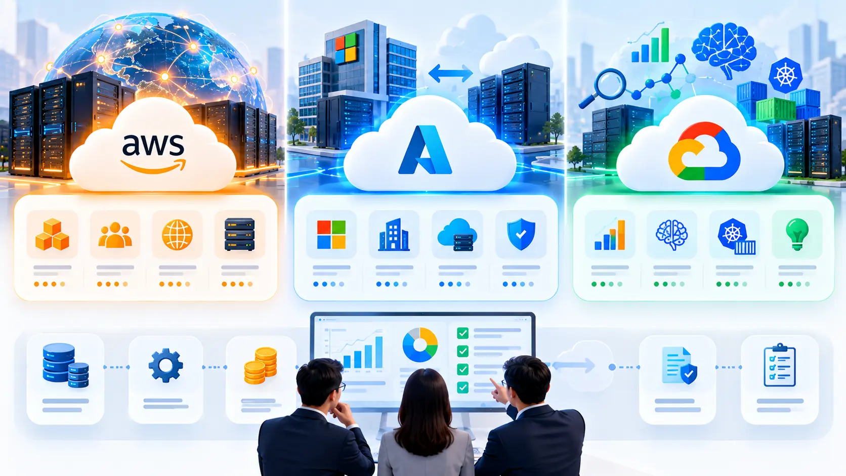 Memilih Provider Cloud Computing yang Tepat 4 Infografik perbandingan AWS Microsoft Azure dan Google Cloud berdasarkan layanan dan kebutuhan bisnis