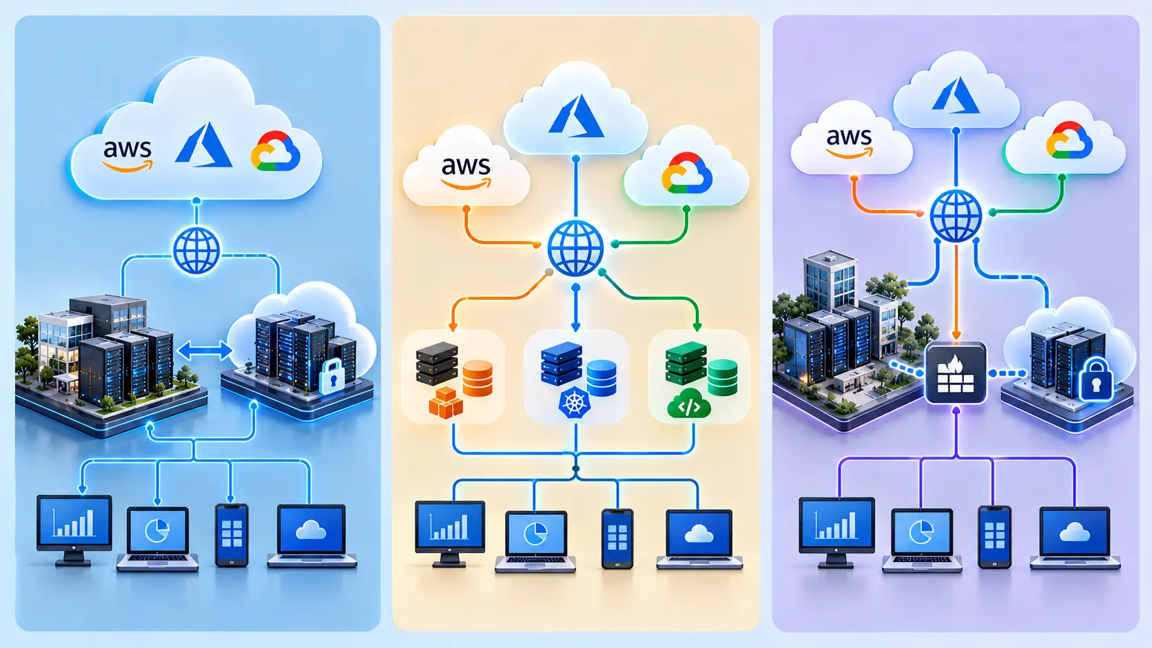Diagram perbedaan hybrid cloud multi-cloud dan hybrid multi-cloud