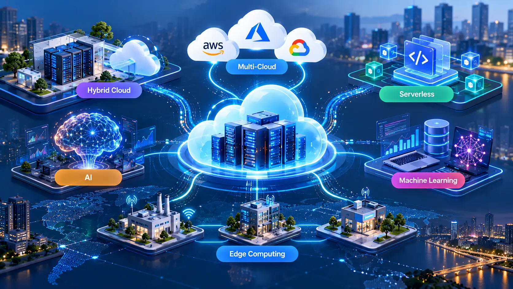 Ilustrasi tren terkini cloud computing meliputi hybrid cloud multi-cloud serverless edge dan AI