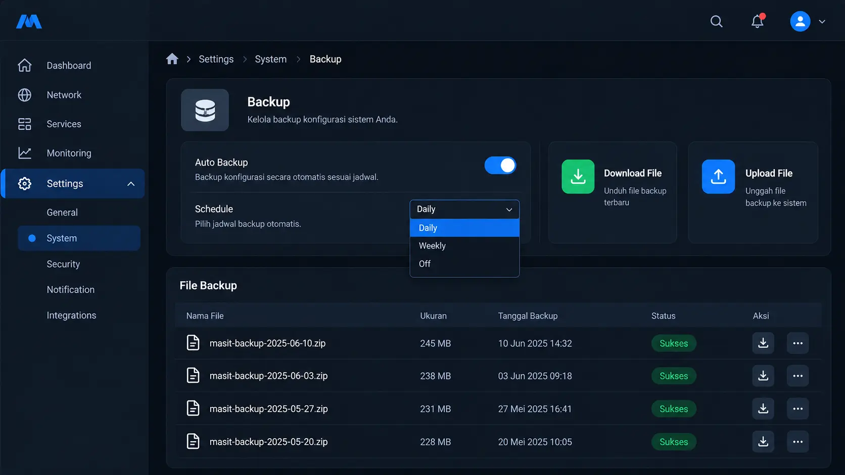 UniFi Controller Windows Server: Backup, Update & Troubleshooting 2 Tampilan Settings System Backup UniFi dengan opsi auto backup schedule harian dan lokasi penyimpanan file backup di Windows