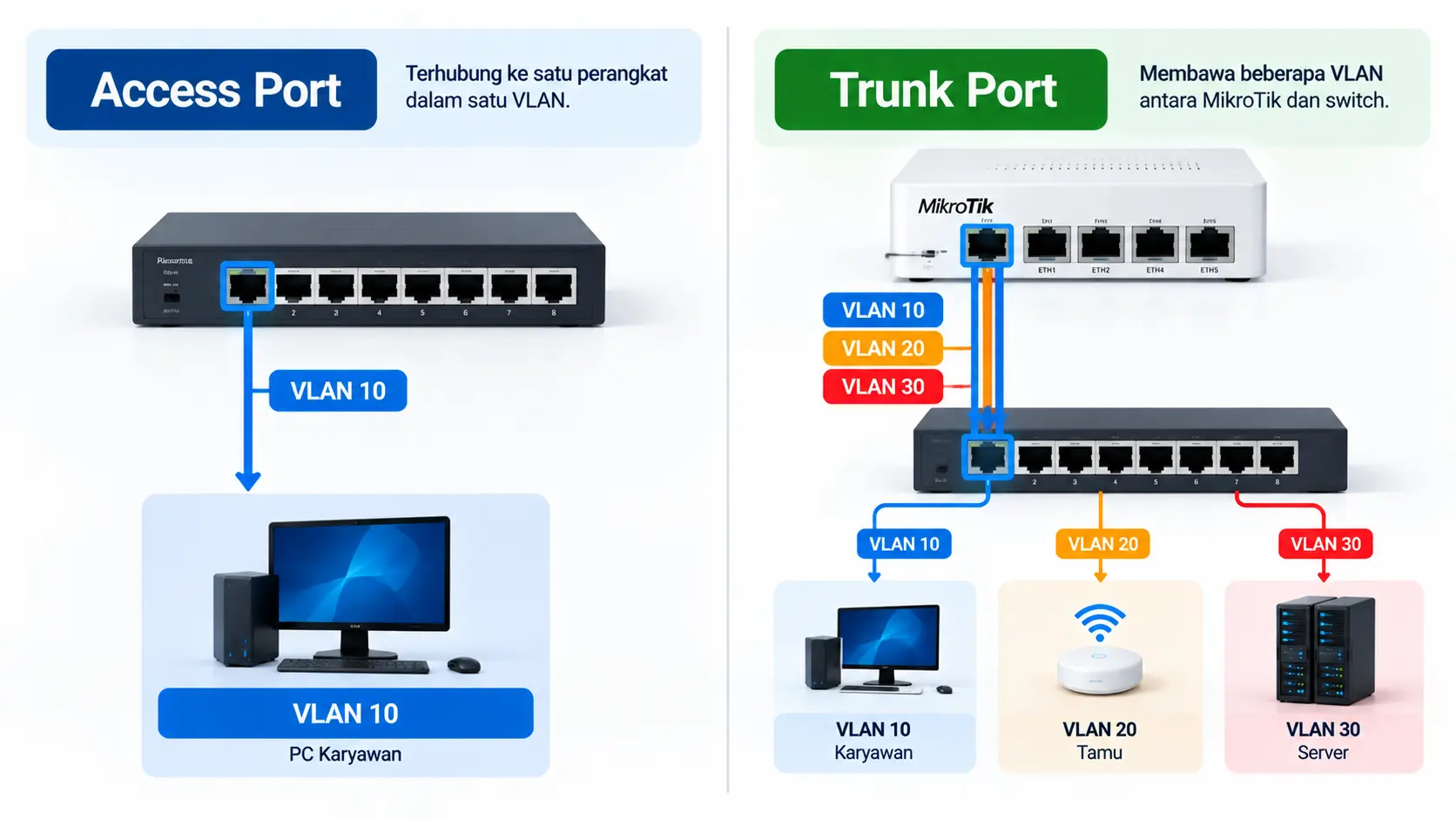 Cara Membuat VLAN di MikroTik 2 Diagram perbedaan access port dan trunk port pada konfigurasi VLAN MikroTik