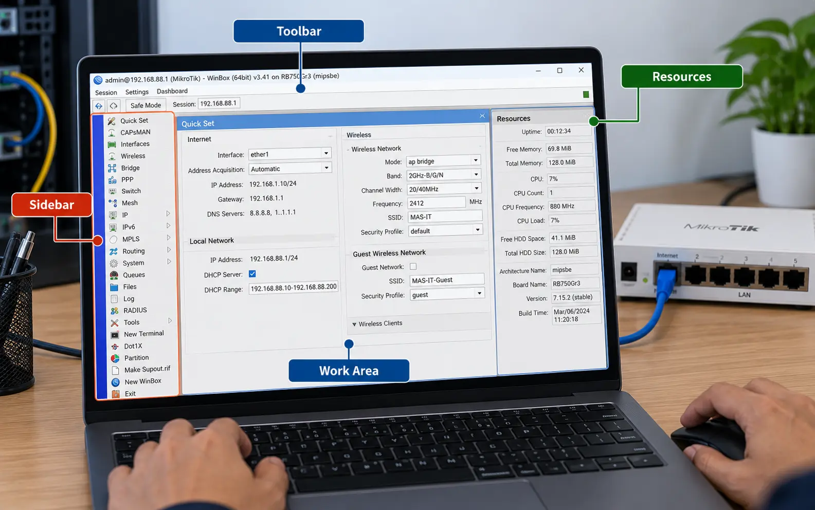 Cara Menggunakan Winbox untuk Konfigurasi MikroTik 3 Antarmuka utama Winbox dengan menu RouterOS dan resource panel