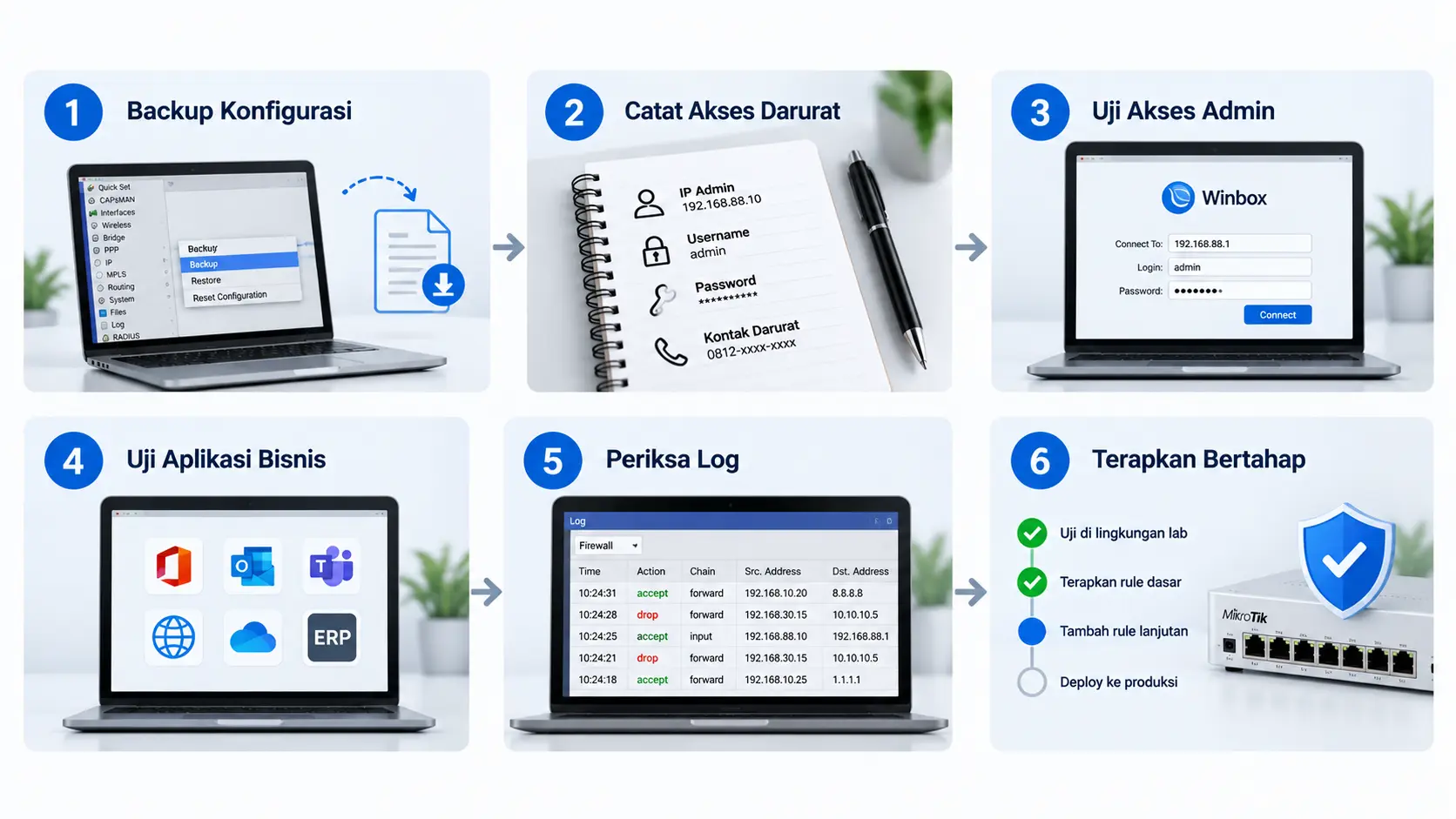 Checklist sebelum menerapkan firewall MikroTik pada jaringan kantor, meliputi backup, pengujian, logging, dan penerapan bertahap