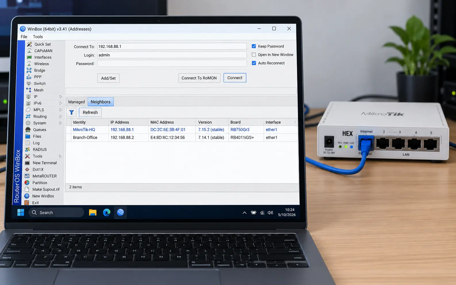 Cara Menggunakan Winbox untuk Konfigurasi MikroTik 2 Tab Neighbors untuk menemukan router MikroTik melalui MAC Winbox